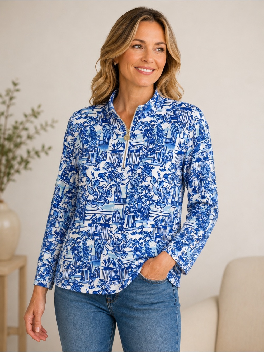 Women's Blue & White Printed Quarter-Zip Top - Tropical Motif